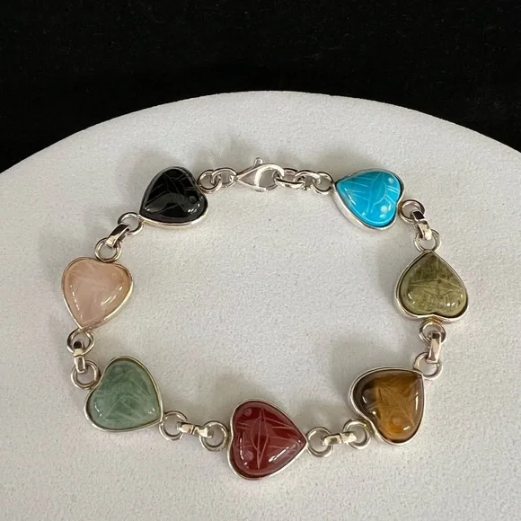 Sterling Multi Stone Scarab Heart Link Bracelet